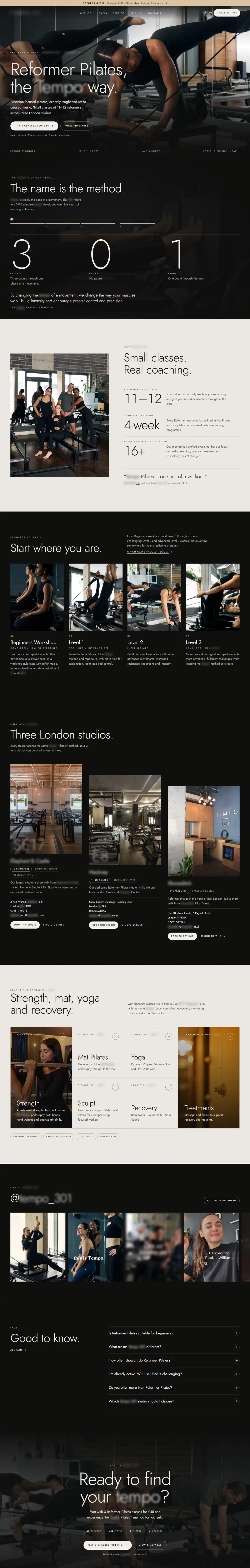 Homepage redesign concept for a reformer pilates studios in London, UK, desktop